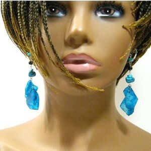 Genuine Turquoise Gemstone Blue Feather style Acrylic Long Drop Earrings 3 inch